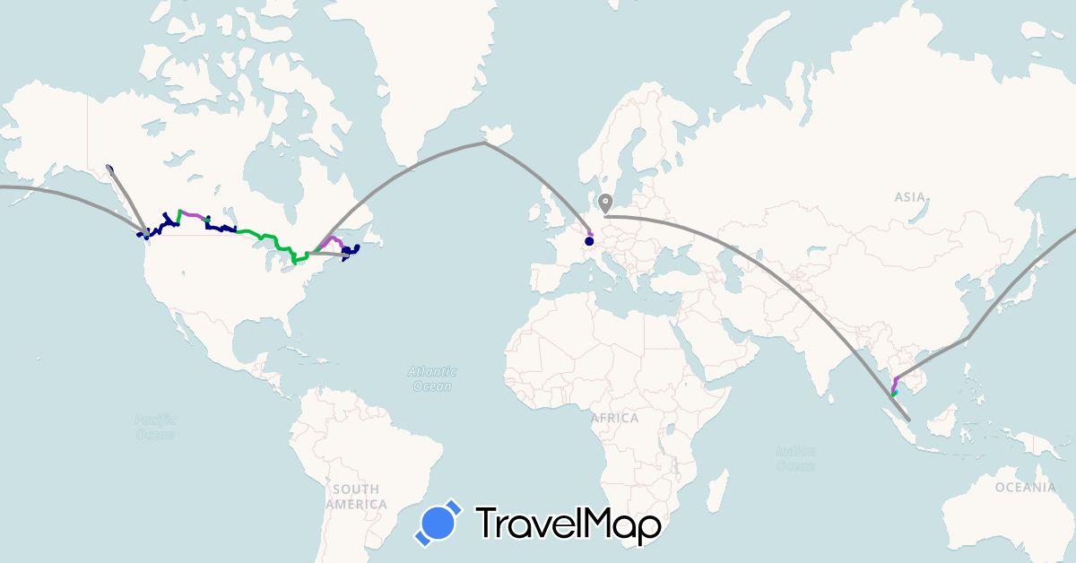 TravelMap itinerary: driving, bus, plane, train, boat in Canada, Germany, Iceland, Singapore, Thailand, Taiwan (Asia, Europe, North America)